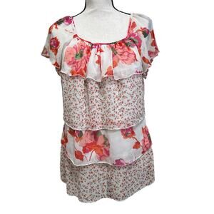 Women’s Large Floral Tiered Ruffle Peasant Blouse Sheer Cottagecore Top Virtue